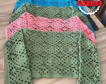 Crochet Long Sleeve Top, Handmade Summer Top, Crochet Vintage Style Blouse, Handmade Long Sleeve Blouse, Cover Up Top, Handmade Crop Top