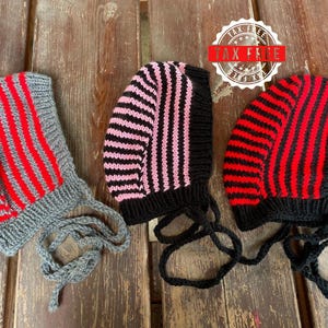 Striped Knit Bonnet Hat – Retro Style Winter Beanie in 3 Color Combos – Cozy & Unique Gift Idea