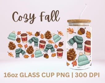 Autumn Leaves Glass Can Wrap Design: Cozy Fall PNG File (Digital Download 16oz Tumbler)