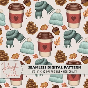 Może przedstawiać: Bezszwowy wzór cyfrowy z filiżankami do kawy, szalikami i czapkami w kolorze morskim, szyszkami, żołędziami i jesiennymi liśćmi. Wzór zawiera tekst "SEAMLESS DIGITAL PATTERN 12"X12" • 300 DPI PNG FILE • HIGH QUALITY".