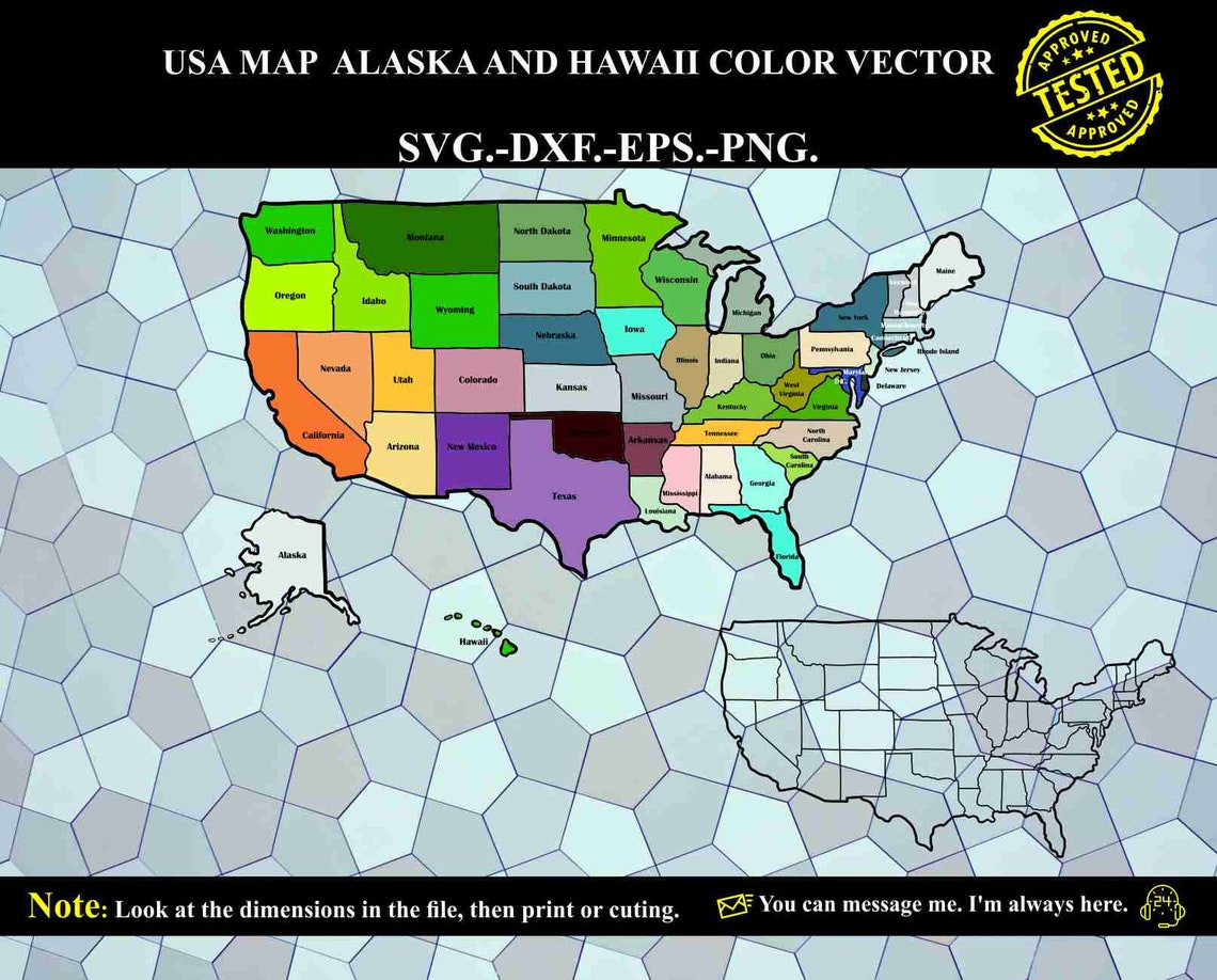 USA Map Alaska and Hawaii Color Map Vector Etsy