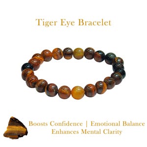 Tiger Eye Bracelet | Natural Gemstone Bracelet for Men and Women | Crystal Healing Jewelry | Confidence & Clarity | Stretch Beaded Bracelet