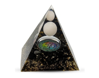 Om Symbol Orgonite Pyramid with White Crystal Spheres & Gold Leaf – Energy Healing Pyramid for Meditation, Spiritual Balance , Home Decor