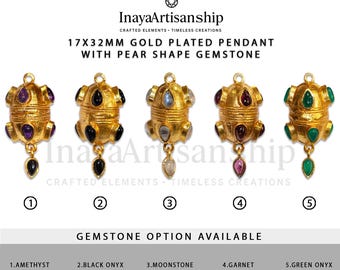 CH005 Antique Gold Plated Gemstone Pendant | 17x32mm Temple Jewelry Charm | Multistone Brass Beaded Connector | Handmade Pendant