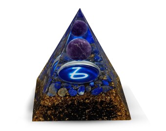 Capricorn Zodiac Orgonite Pyramid with Amethyst & Lapis Lazuli – Crystal Energy Pyramid for Focus, Protection , Meditation – Handmade  Gift
