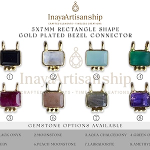 BZ027 5x7mm Rectangle Gemstone Connector 3 Balls/Rawa & Double Straight Loop | Gold Bezel Charm | DIY Designer Jewelry Finding | Pack Of 10