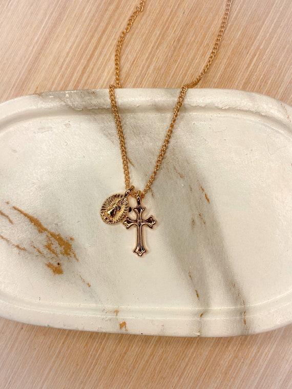 Tiny Miraculous Medal and Small Cross, Virgin Mary and Cross, 1st