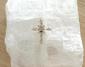 Gold Cross Pin with Cubic Zirconia Stones, Christian Lapel Pin, Religious Brooch, Faith Jewelry, Baptism & Communion Gift