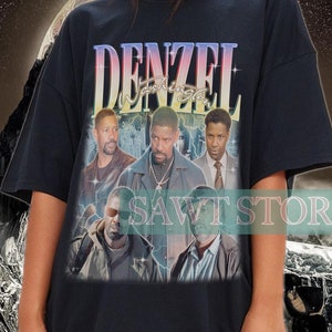 May include: Black oversized t-shirt with a graphic print of Denzel Washington in a collage of images from different movies. The shirt has a vintage aesthetic.