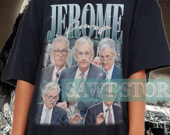 May include: Black oversized t-shirt with a vintage-style graphic print featuring a group of men with the text "JEROME POWELL" on the front.