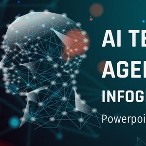 Pode incluir: Um fundo abstrato azul e preto com uma imagem de cabeça humana em arame branco. O texto "AI Tech Agency Infographics PowerPoint Template" está em branco.
