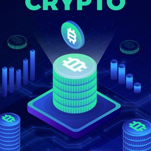 Könnte beinhalten: Eine blaue und grüne Illustration eines Stapels von Münzen mit einem Bitcoin-Symbol auf jeder Münze. Die Münzen befinden sich auf einer blauen Plattform mit einem blauen und violetten Rand. Der Hintergrund ist dunkelblau mit einem Leiterplattenmuster. Der Text "Things To Avoid When Trading CRYPTO" befindet sich oben im Bild.