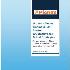 May include: A blue and orange logo for Pionex, a cryptocurrency trading platform. The text reads "Ultimate Pionex Trading Guide: Master Cryptocurrency Bots & Strategies". The text below the logo reads "Set up an account on Pionex platform to make the bots trade automatically on your behalf". The text at the bottom reads "ALESSANDRO PATRUNO".