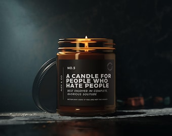Candela profumata alla soia "People Who Hate People" / Barattolo di ambra, etichetta divertente e sarcastica