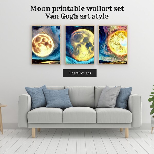 Moon Print Wallart, Estilo de arte impreso de Van Gogh, 3 piezas Moon Printable-Wallart, Night Sky print-wallart, Arte digital, Descargable