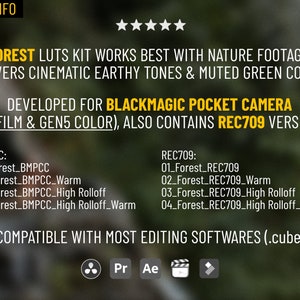 Op de afbeelding: Een grafiek met de tekst "FOREST LUTS KIT" in geel, met een vijfsterrenbeoordeling. De tekst "WORKS BEST WITH NATURE FOOTAGE, DELIVERS CINEMATIC EARTHY TONES & MUTED GREEN COLORS" is in geel. De tekst "DEVELOPED FOR BLACKMAGIC POCKET CAMERA (IN FILM & GEN5 COLOR), ALSO CONTAINS REC709 VERSIONS" is in geel. De tekst "BMPCC: 01_Forest_BMPCC 02_Forest_BMPCC_Warm 03_Forest_BMPCC_High Rolloff 04_Forest_BMPCC_High Rolloff_Warm" is in zwart. De tekst "REC709: 01_Forest_REC709 02_Forest_REC709_Warm 03_Forest_REC709_High Rolloff 04_Forest_REC709_High Rolloff_Warm" is in zwart. De tekst "COMPATIBLE WITH MOST EDITING SOFTWARES (.cube)" is in geel. De tekst "Pr Ae" is in zwart.