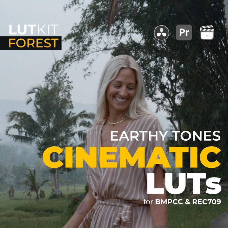 Op de afbeelding: Een vrouw glimlacht in een bosrijke omgeving, met de tekst "Earthy Tones Cinematic LUTs for BMPC & REC709" in gele en witte letters. De tekst "LUTKIT FOREST" staat linksboven, en de tekst "Pr" rechtsboven.