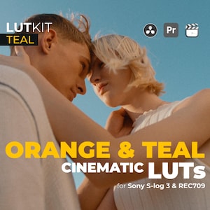 Puede incluir: Una pareja se abraza con un cielo azul de fondo. El texto "ORANGE & TEAL CINEMATIC LUTS for Sony S-log 3 & REC709" aparece en amarillo en la parte inferior de la imagen.