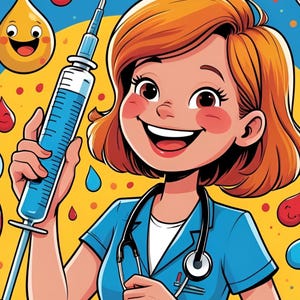 Op de afbeelding: Cartoon illustratie van een glimlachende medische professional die een spuit vasthoudt. De afbeelding bevat de tekst "The Book of Phlebotomy" en "Jokes And Puns". De achtergrond is geel en blauw met cartoon bloeddruppels.