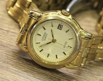Vintage Ladies "CITIZEN" QUARTZ - 1980's, With Date, Model 'WR 50", Women's Wrist Watch, Gold plated watch, Made in Japan, classical watch.