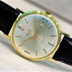 SWISS Made Men&#39;s watch, Vintage watch &quot;RELIDE&quot; Cal. ETA 2409-17 Jewels, Swiss watch, Mechanical watch, Leather watch, Gold Field Wrist watch