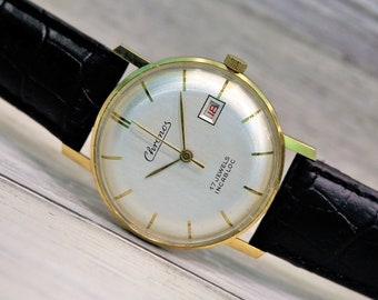 Vintage German Men's Watch "Chronos" - 17 jewels, Men's VINTAGE WATCH, Gents Watch, German watch, Dress watch, Leather Watch with date