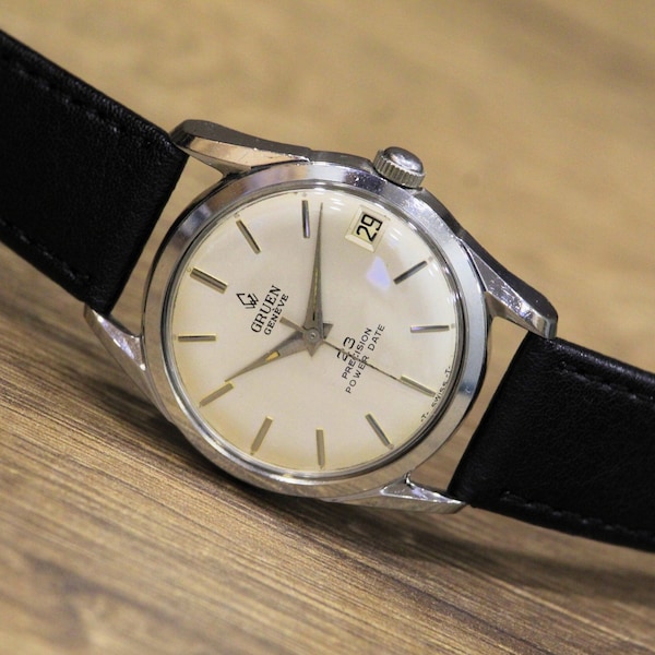 GRUEN GENEVE, 23 precision , power date, Automatic, Men's Swiss Watch - Cal. Gruen 560 RSS, 23 jewels, Wrist Watch 50's, Mechanical Watch.