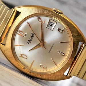 SWISS Made Men&#39;s watch, Vintage watch &quot;RELIDE&quot; Cal. AS 1702/03, 17 Jewels, Swiss watch, Mechanical watch, Leather watch, Gold Wrist watch