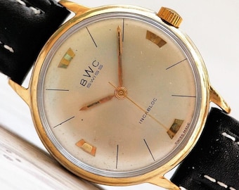 Men's SWISS WATCH BWC-17 rubis-1960s, Wrist Watch, Mechanical Watch, Leather Watch, Swiss made Men's Watch, Men's Vintage Watch, Dress Watch