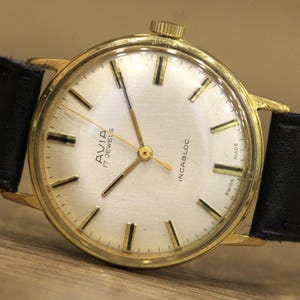 Classic Vintage Swiss Watch &quot;AVIA&quot;, 17 Jewels, Manual Wind, 1950s–60s, Gold-Tone Case, Incabloc, Swiss Made