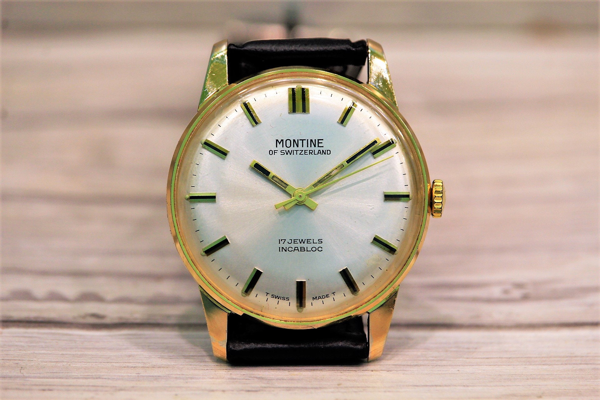 Montine of Switzerland, 17jewels-1960s, Mechanical Leather Watch