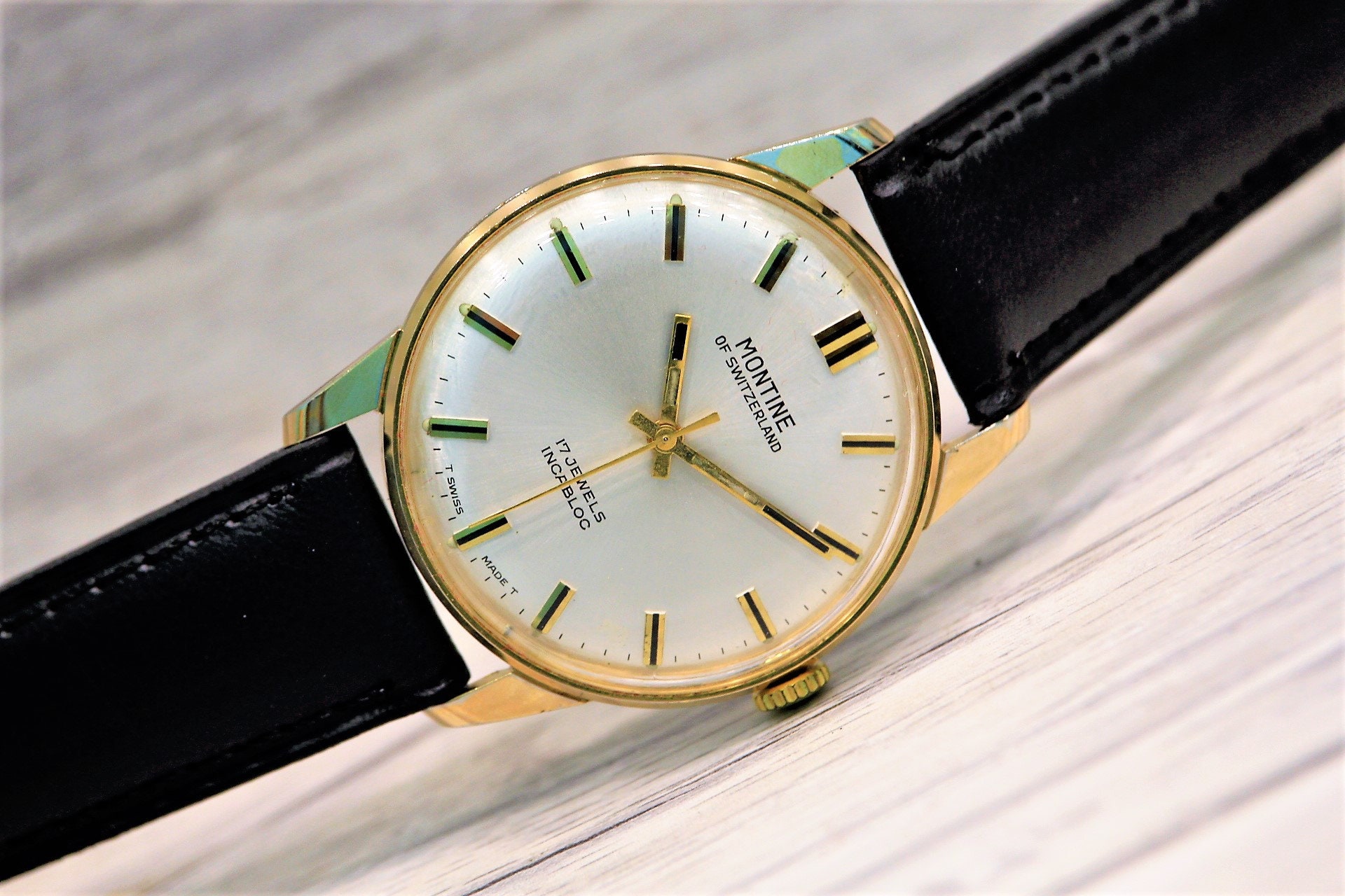 Montine of Switzerland, 17jewels-1960s, Mechanical Leather Watch
