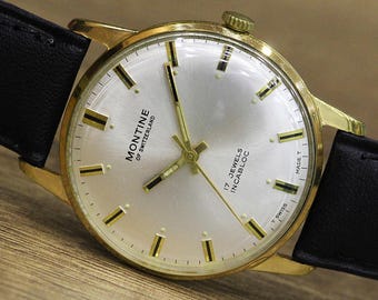 RELOJ SUIZO "Montine", 17 joyas - Años 60, Reloj mecánico para hombre, calibre ST 96, Reloj de piel, Reloj de fabricación suiza, Reloj vintage