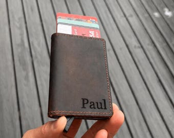 Personalized Genuine Leather Minimalist Wallet | RFID Pop Up Card Holder (AirTag Option)