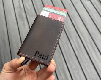 Personalized Fathers Day Gifts,Minimalist Slim Pop Up Genuine Leather Wallet,Magnetic Closure.Handwriting Custom Engraved Unisex Card Holder