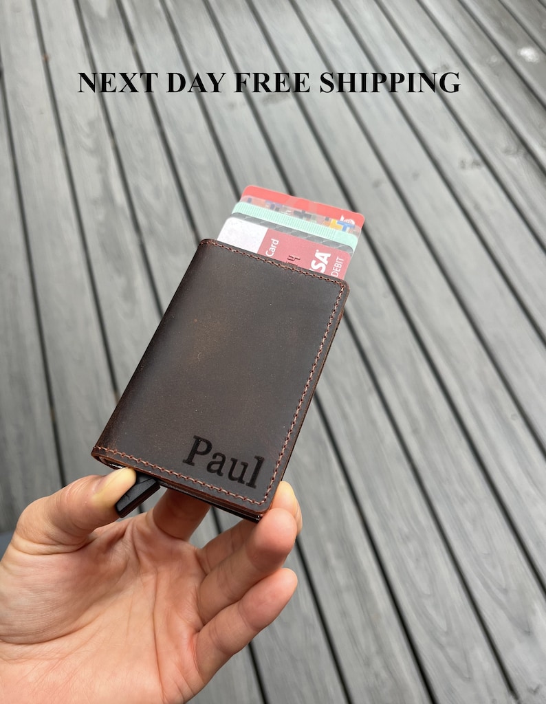 Personalized Fathers Day Gifts,Minimalist Slim Pop Up Genuine Leather Wallet,Magnetic Closure.Handwriting Custom Engraved Unisex Card Holder Brown