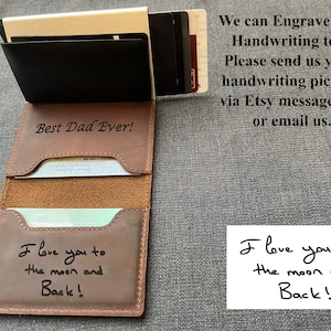 Personalized Fathers Day Gifts,Minimalist Slim Pop Up Genuine Leather Wallet,Magnetic Closure.Handwriting Custom Engraved Unisex Card Holder image 4
