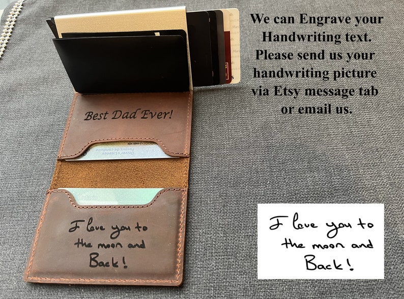 Personalized Fathers Day Gifts,Minimalist Slim Pop Up Genuine Leather Wallet,Magnetic Closure.Handwriting Custom Engraved Unisex Card Holder image 4