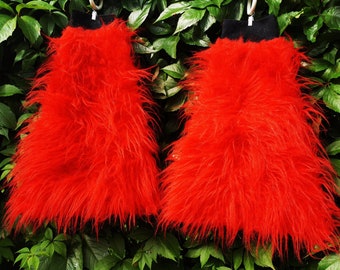 Red Furry Faux Fur Legwarmers * Fluffies, size S/M