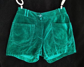 Womens Vintage 60's 70's *reworked* Dark Poison Green Velvet Hot Pants, size EUR 34/36 UK 8/10 US 4/6