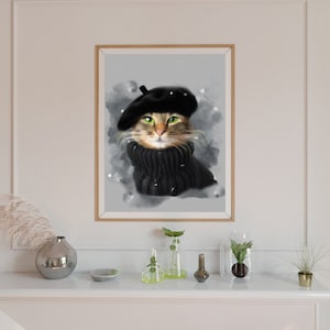 Chat français, impression de chat, chat Wall Art, Art de chat, cadeau de chat, impression numérique de chats, chat avec béret.