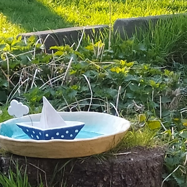 Vogeltränke, Keramik, Schiff mit Wolke