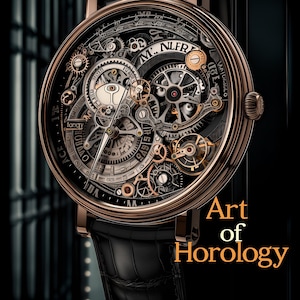 Puede incluir: Primer plano de un reloj de lujo con correa de cuero negro y caja dorada. La esfera revela intrincados componentes mecánicos y engranajes. El texto "Art of Horology" se muestra en dorado.