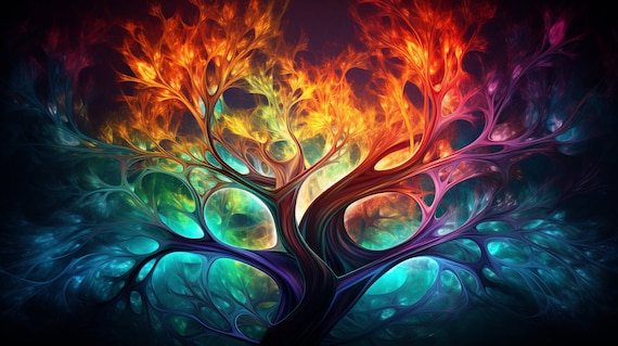Radiant Arboretum - captivating digital image that brings to life a vibrant tree emanating glorious aura of colors realistic fantasy artwork