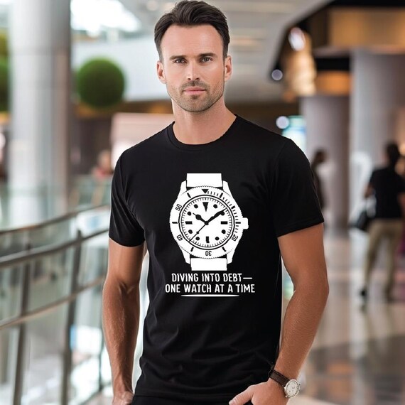 Diving Into Debt Tee | Classic Diver Watch Graphic T-Shirt for Watch Collectors | Humorous Gift Idea