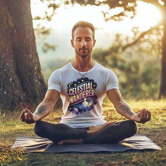 Celestial Wanderer Graphic T-Shirt | Meditative Cosmic Design for Yoga & Space Lovers | Galaxy Inspired Tee