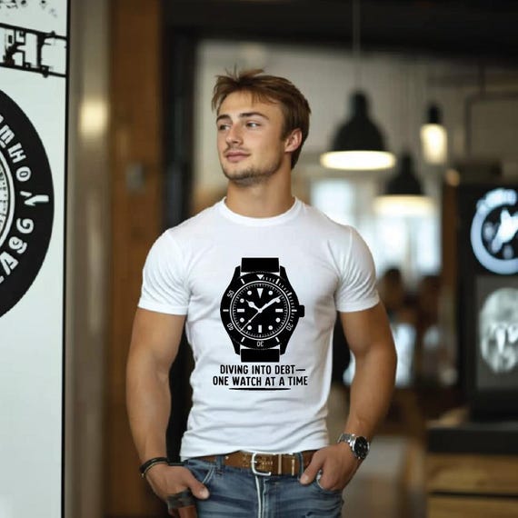 Classic Diver Watch Graphic Tee, Humorous "Diving Into Debt" Design for Watch Collectors