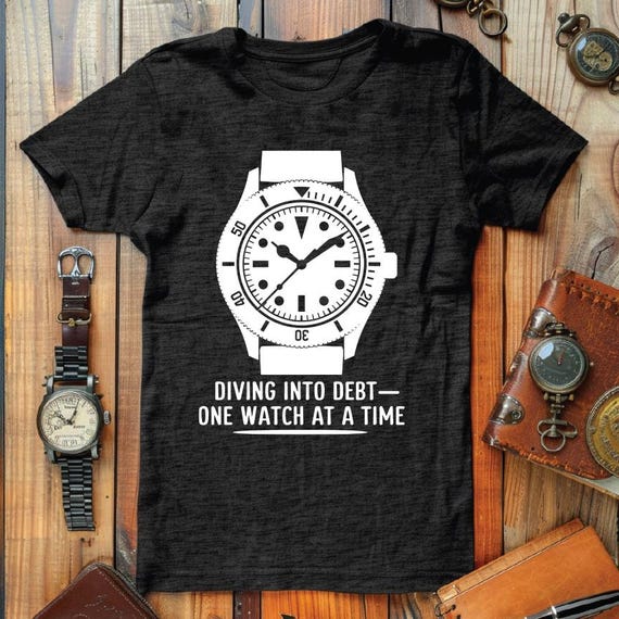 Diving Into Debt Tee | Classic Diver Watch Graphic T-Shirt for Watch Collectors | Humorous Gift Idea