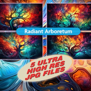 Könnte beinhalten: Fünf hochauflösende digitale Bilder eines lebendigen, abstrakten Baumes mit wirbelnden Farben in Rot, Orange, Gelb, Grün, Blau und Lila. Der Text "Radiant Arboretum" und "5 Ultra High Res JPG Files" ist über die Bilder gelegt.