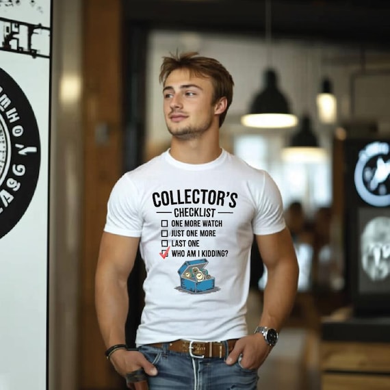 Funny Watch Collector Checklist T-Shirt – Humorous Graphic Design for Watch Enthusiasts, Retro Timepiece Box Art